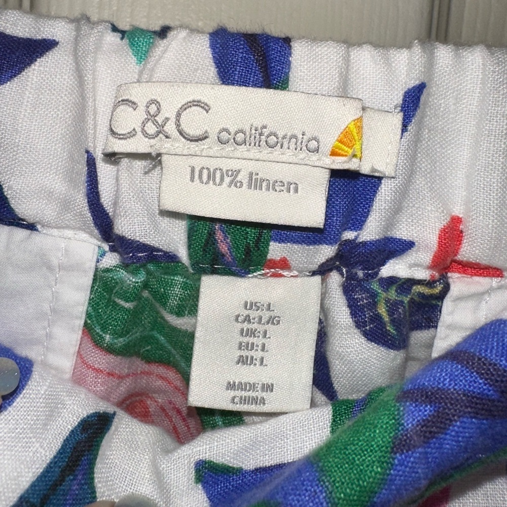 C&C California Multicolor Floral Linen Pants drawstring elastic L vacation - Picture 4 of 7
